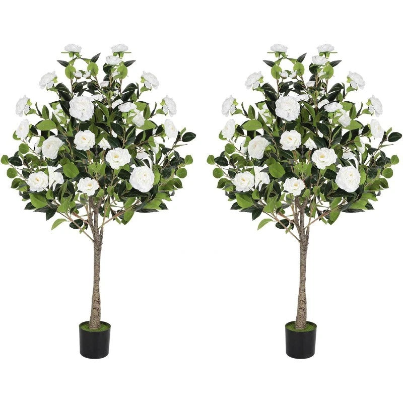 2PCS 4 FT Artificial Camellia Tree w/Blooming White Flowers for Indoor Outdoor