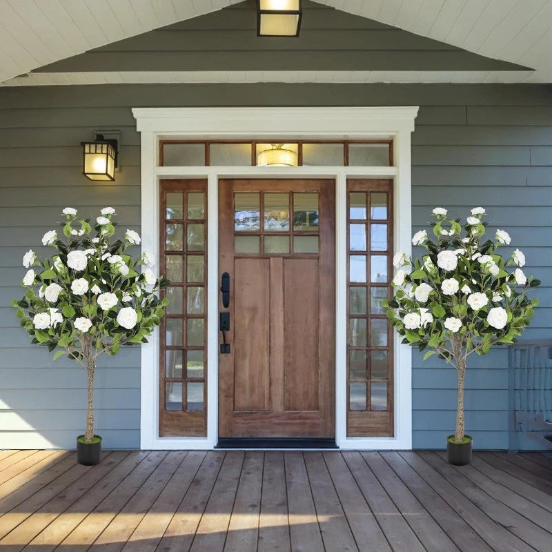 2PCS 4 FT Artificial Camellia Tree w/Blooming White Flowers for Indoor Outdoor